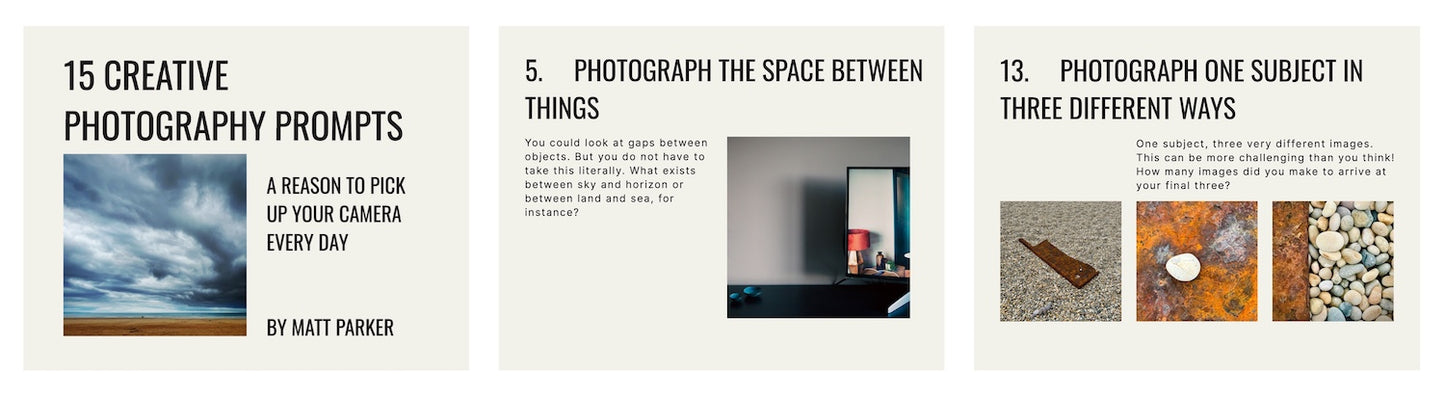 3 pages from a pdf with 15 free creative photography ideas for beginners or advanced photographers. If you are searching for smartphone photography ideas these are perfect!