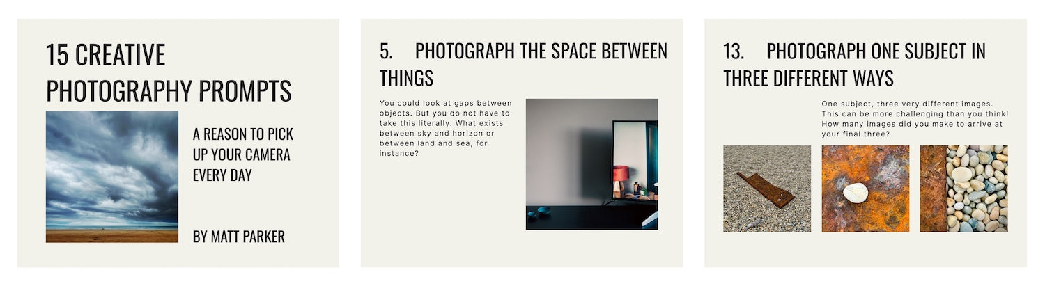 3 pages from a pdf with 15 free creative photography ideas for beginners or advanced photographers. If you are searching for smartphone photography ideas these are perfect!